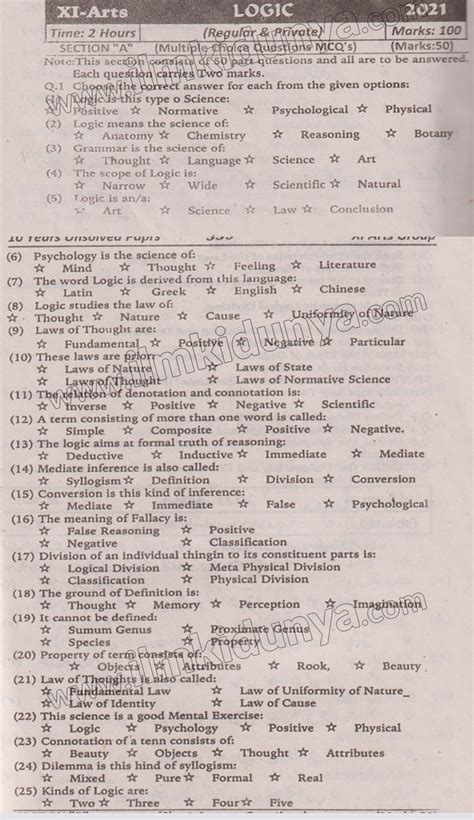 Past Paper 2021 Karachi Board Inter Part I Logic Objective English Medium