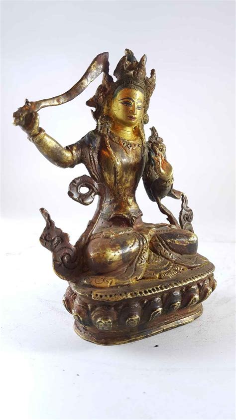 Handmade Statue Of Manjushri Partly Gold Plated Painted Face