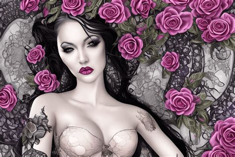 Bombshell Exotic Gothic Woman Lace And Roses Landscape · Creative Fabrica