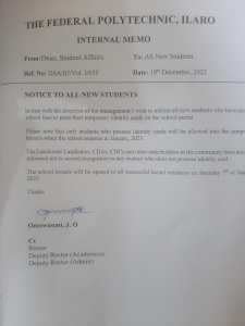 FEDERAL POLYTECHNIC ILARO [ILAROPOLY] ISSUES IMPORTANT NOTICE TO NEWLY ...