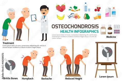 Osteochondrosis Infographics element. Element of osteochondrosis symptoms and healthy food for ...