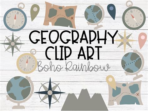 Geography Clip Art Boho Muted Rainbow Maps Globes Compass Mountains ...