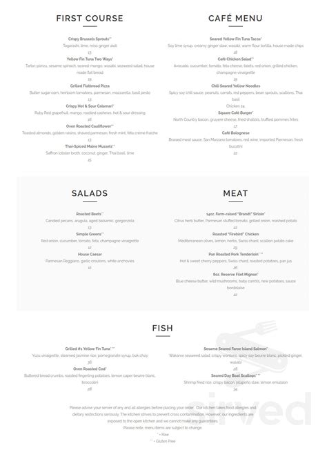 Square Cafe Hingham menu in Hingham, Massachusetts, USA