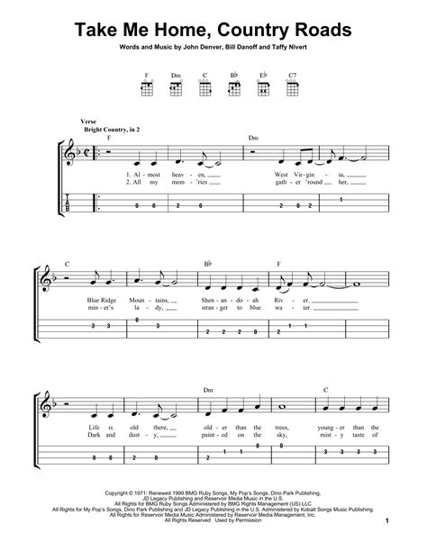 Take Me Home Country Roads Easy Ukulele Tab Print Sheet Music Now