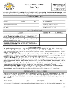 Fillable Online Ewc Wy 2014 2015 Dependent Asset Form Eastern Wyoming