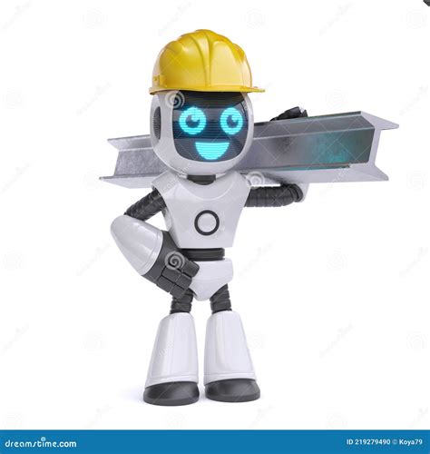Robot Construction Worker, Robot With Yellow Hard Hat Holding Steel