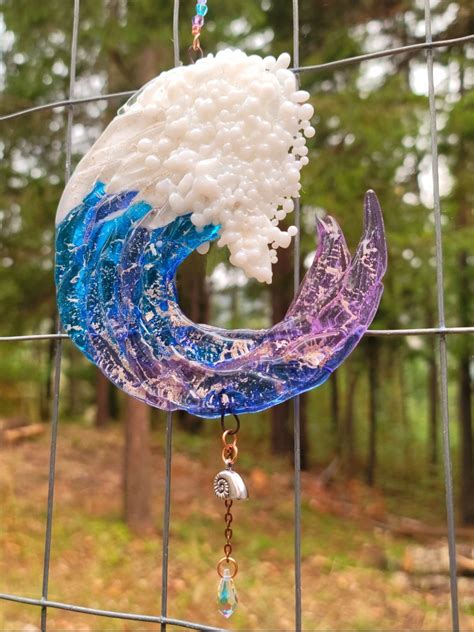 New Ashes Infused Glass Cremation Art Sun Catcher Ocean Wave Memorial Infusion Glass