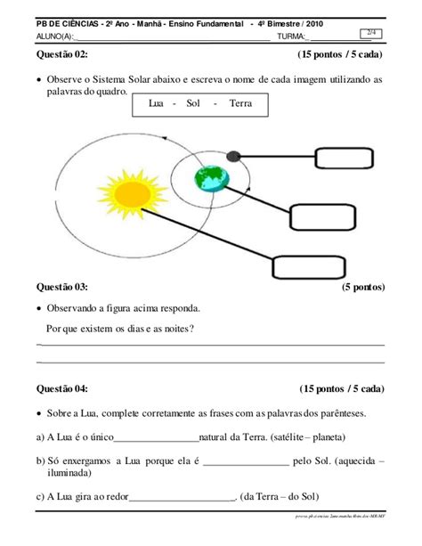 Prova De Ci Ncias Ano Fundamental Sistema Solar