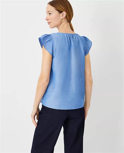 Chambray Split Neck Ruffle Sleeve Top