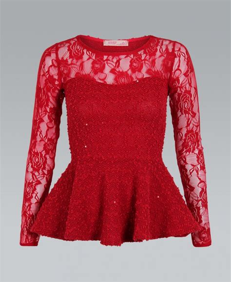 Red Lace Long Sleeve And Sequin Knit Peplum Top Lace Peplum Tops And