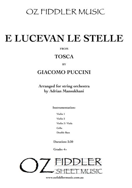 E Lucevan Le Stelle From Tosca By Giacomo Puccini Arranged For