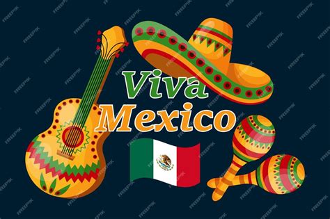 Premium Vector Viva Mexico Banner Mexico Flag Maracas Sombrero And Guitar On Dark Background