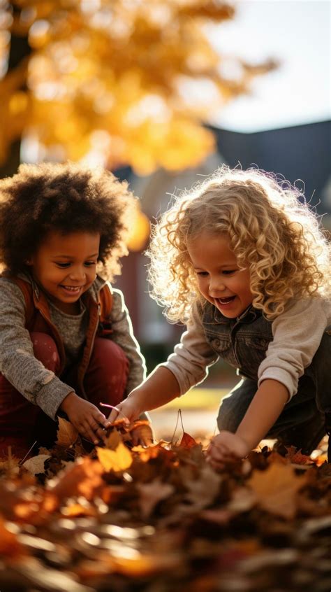 Children playing with fall leaves outside 29324274 Stock Photo at Vecteezy