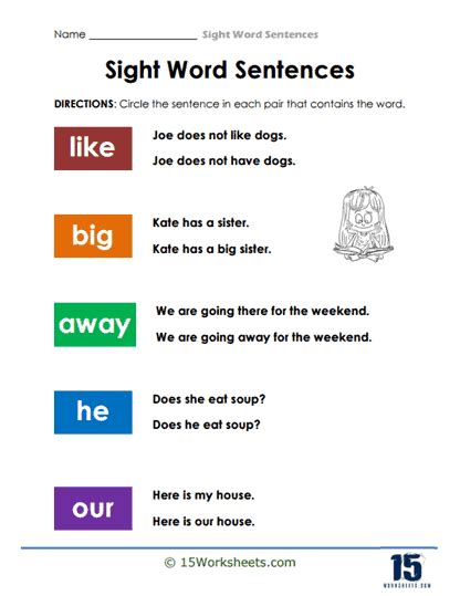 Sight Word Sentences Worksheets 15