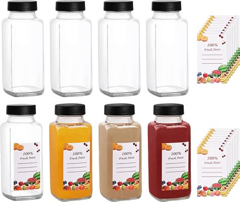 8 Pack 8 Oz Glass Juice Bottles With Black Lids And Labels Reusable Travel Juice