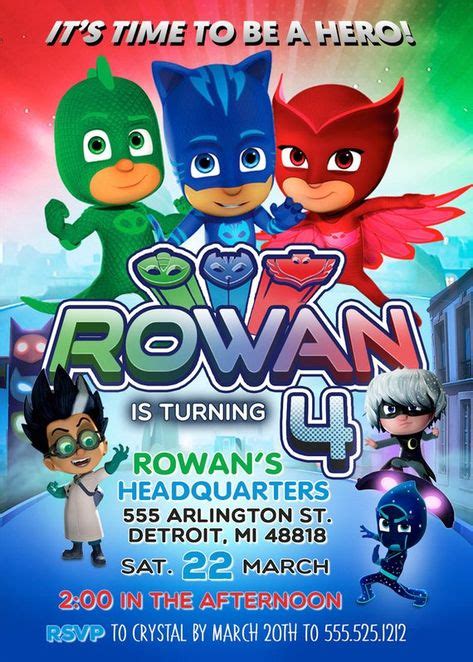 Pj Masks Birthday Party Invite Digital Birthday Party Invitations