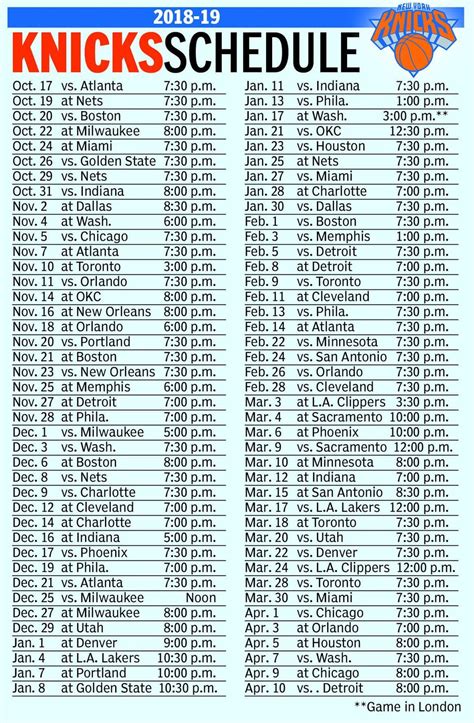 2018-2019 NY Knicks Regular Season Schedule : r/NYKnicks