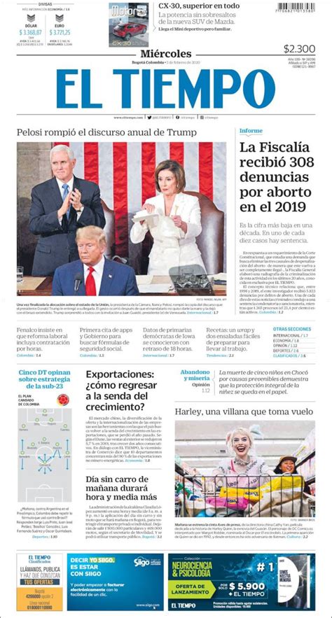 Periódico El Tiempo Colombia Periódicos De Colombia Edición De Miércoles 5 De Febrero De