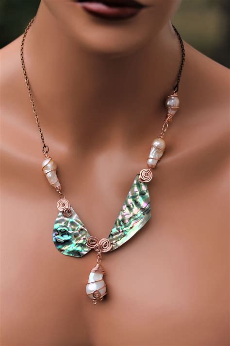 Abalone Shell Necklace Hammered Copper Edison Pearls Etsy Mother Of