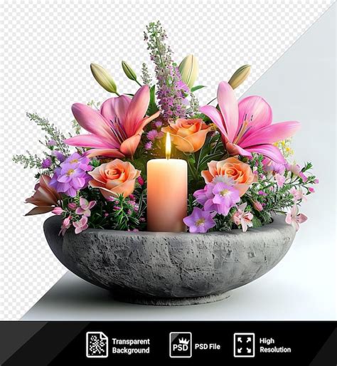 Premium Psd Potrait Floral Arrangements With Candle In Stone Bowl