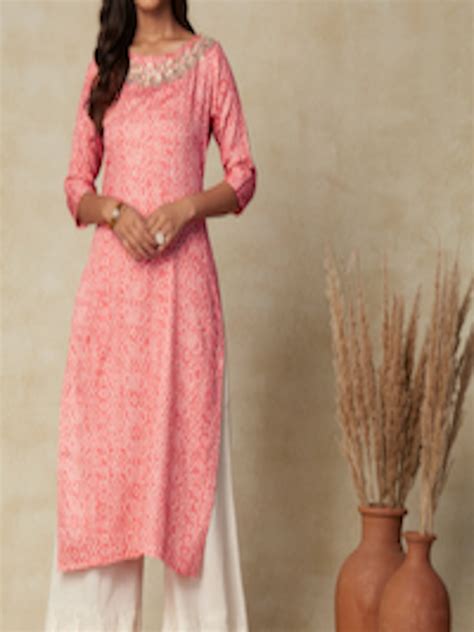 Buy Fashor Pink Bandhani Printed Floral Embroidered Beads Detailed Straight Kurta Kurtas For