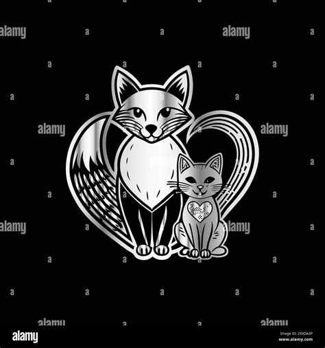 Cute Fox And Cat With Heart On Black Background Vector Illustration