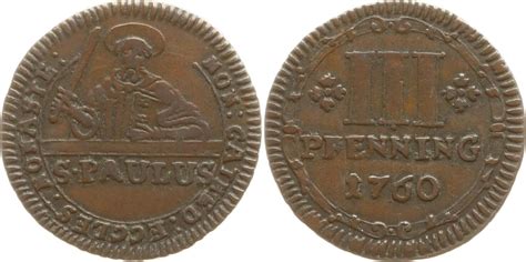 Münster Domkapitel Cu 3 Pfennig 1760 VF MA Shops