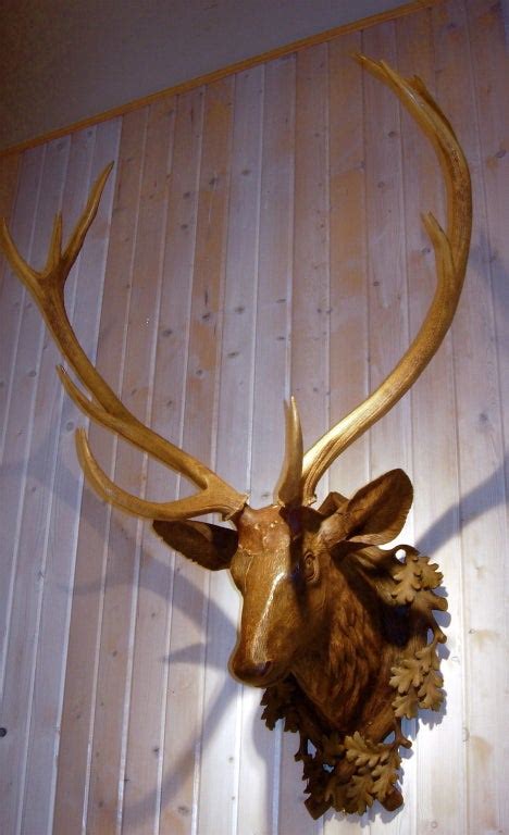 Exceptional Black Forest Carved Wood Deer Head With Antler Mount At