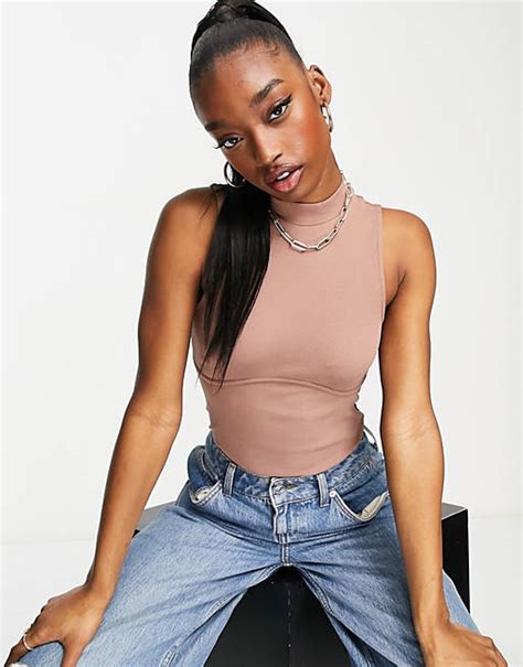 Asos Design High Neck Bodysuit With Bust Seams In Neutral Asos