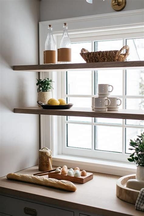 Stacked Wood Floating Shelves In Light Gray Kitchen Pantry