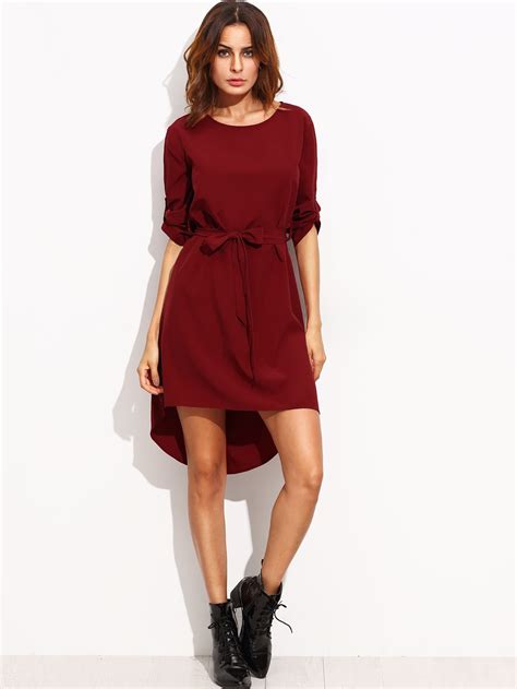 Rolled Up Sleeve Dip Hem Dress With Belt Shein Sheinside