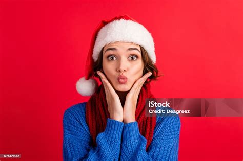 Portrait Amazed Funny Cute Girl In Santa Claus Headwear Impressed