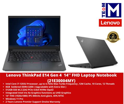 Lenovo Thinkpad E14 Gen 4 14 Notebook 21e30004my I7 1255u 8gb 512gb Intel Iris Xe W11p