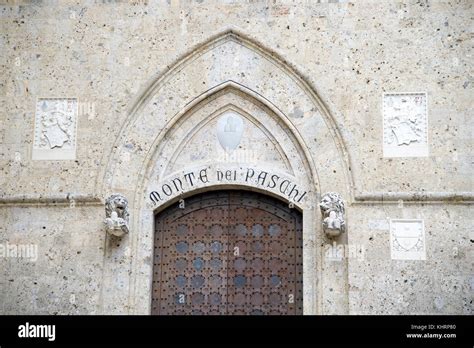 Main Entrance To Gothic Palazzo Salimbeni Headquarters Of Banca Monte