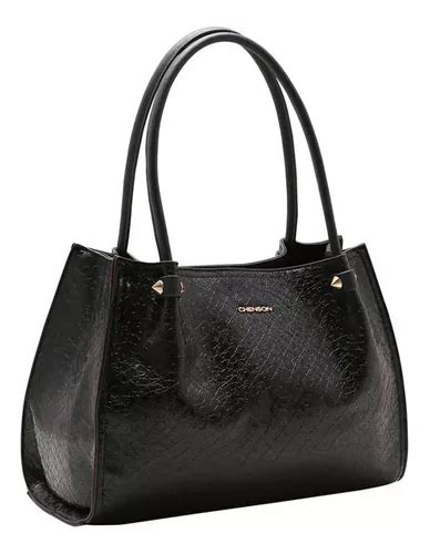 Bolsa Feminina Chenson Verniz Texturizado Ombro Original Cor Preto