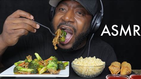 Asmr Eating Beef And Broccoli Fried Rice And Egg Rolls Mukbang No