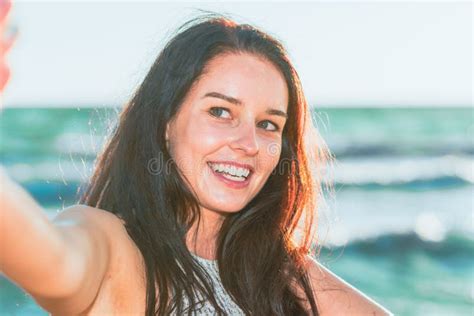 Happy Brunette Woman Making Selfie On Beach Summer Holiday Evening