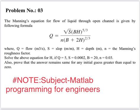 Solved Problem No.: 03 The Manning's equation for flow of | Chegg.com