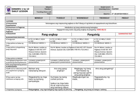 Dll Filipino 6 Q3 W4 Not Much Grades 1 To 12 Daily Lesson Log School Grade Level Vi