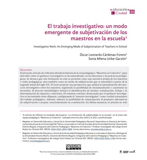 Pdf El Trabajo Investigativo Un Modo Emergente De Subjetivaci N De