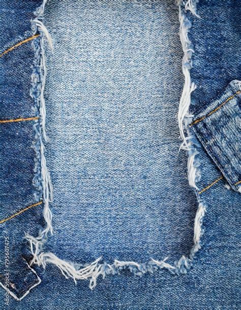 Edge Frame Of Blue Denim Ripped Over Jeans Texture Background Stock