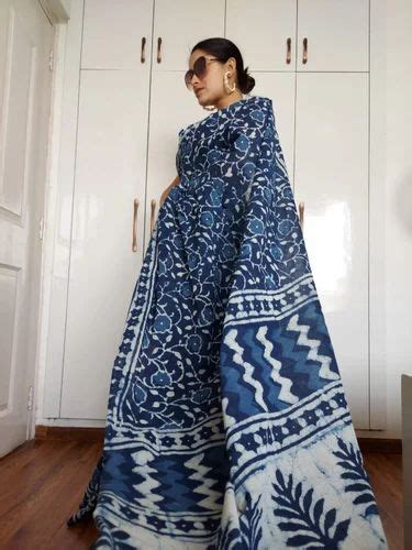 Mansi Printers Printed Hand Block Indigo Dabu Print Cotton Mulmul Saree