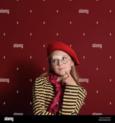 Just Imagine Portrait Of A Girl Wearing A Red Beret A Red Bow And A Striped Blouse Red