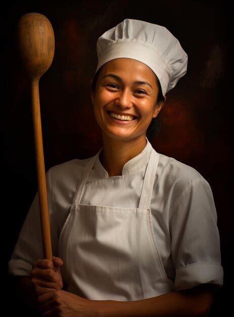 Premium Photo A Smiling Chef Holding A Wooden Spoon