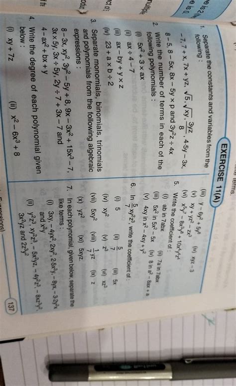 71 Yz Ix Z X Yz2 Xi 5xyz 7 In Each Polynomial Given Below Sepa