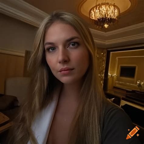 Blonde Woman In White Robe With Bedroom Eyes In Luxurious Hotel Room On