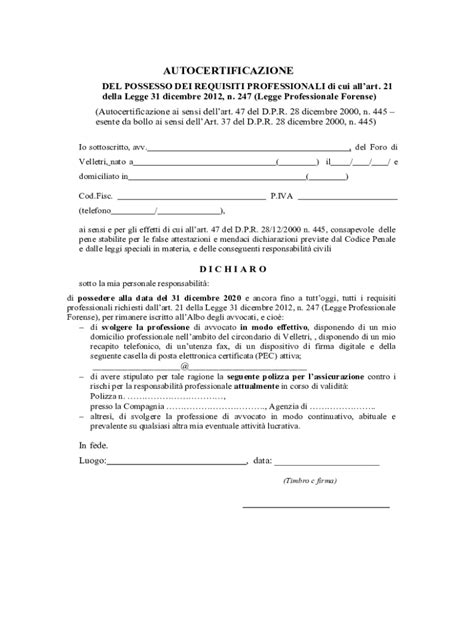 Compilabile Online Autocertificazione Ai Sensi Degli Artt E Del