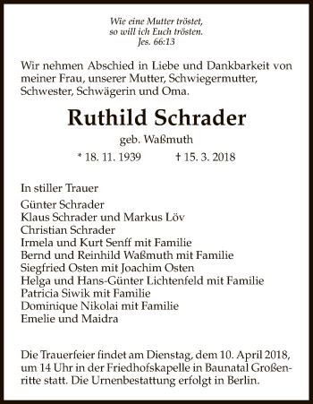 Traueranzeigen Von Ruthild Schrader Trauer Hna De