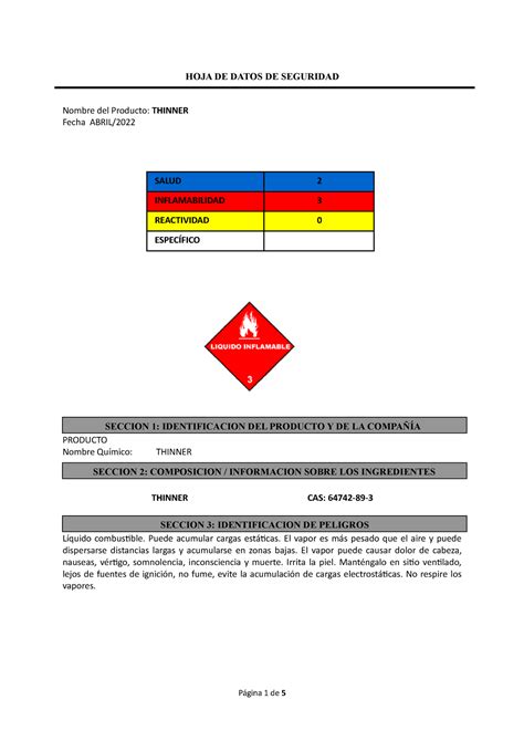 Thinner Hoja De Seguridad Hoja De Datos De Seguridad Nombre Del