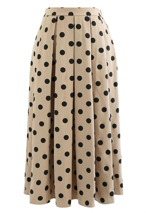 Polka Dot Pleated Midi Skirt In Khaki Retro Indie And Unique Fashion